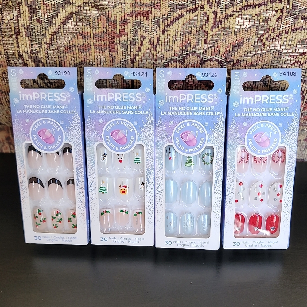 4 Packs imPRESS Press On Holiday Nails Short Holiday Christmas Winter Holly